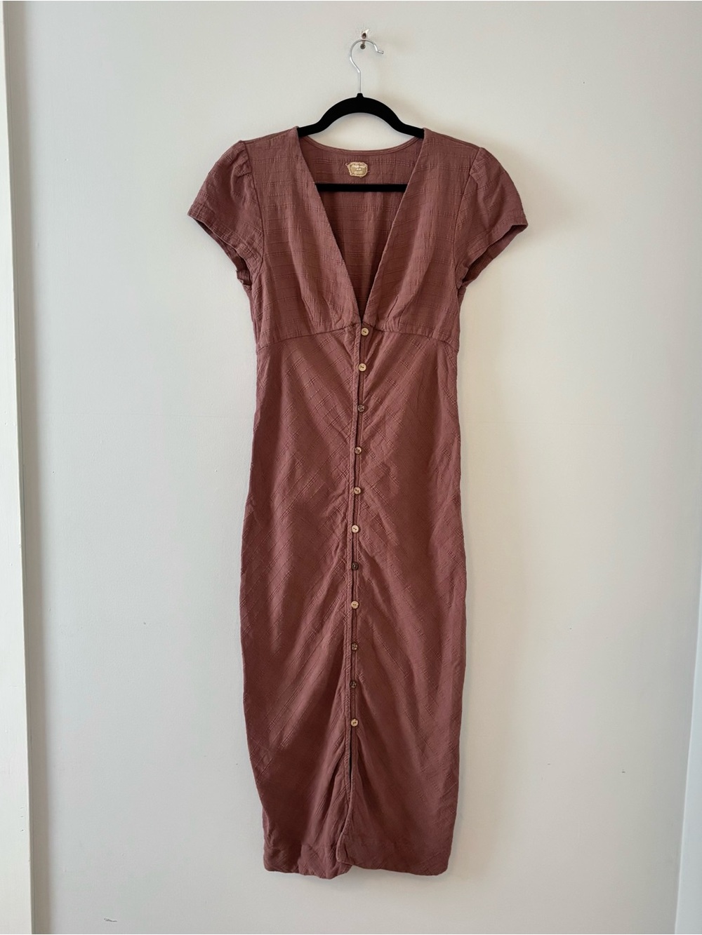 Free People Free-Est New In Town Midi Dress Short Sleeve Button-Up V-Neck